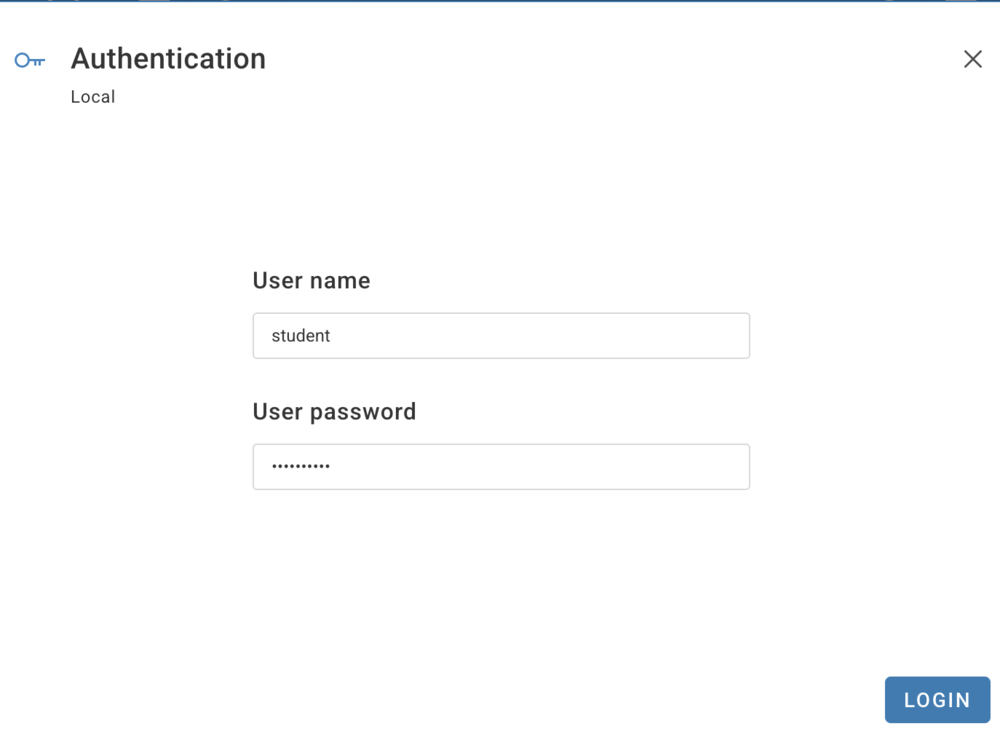 The Authentication dialog with user name student