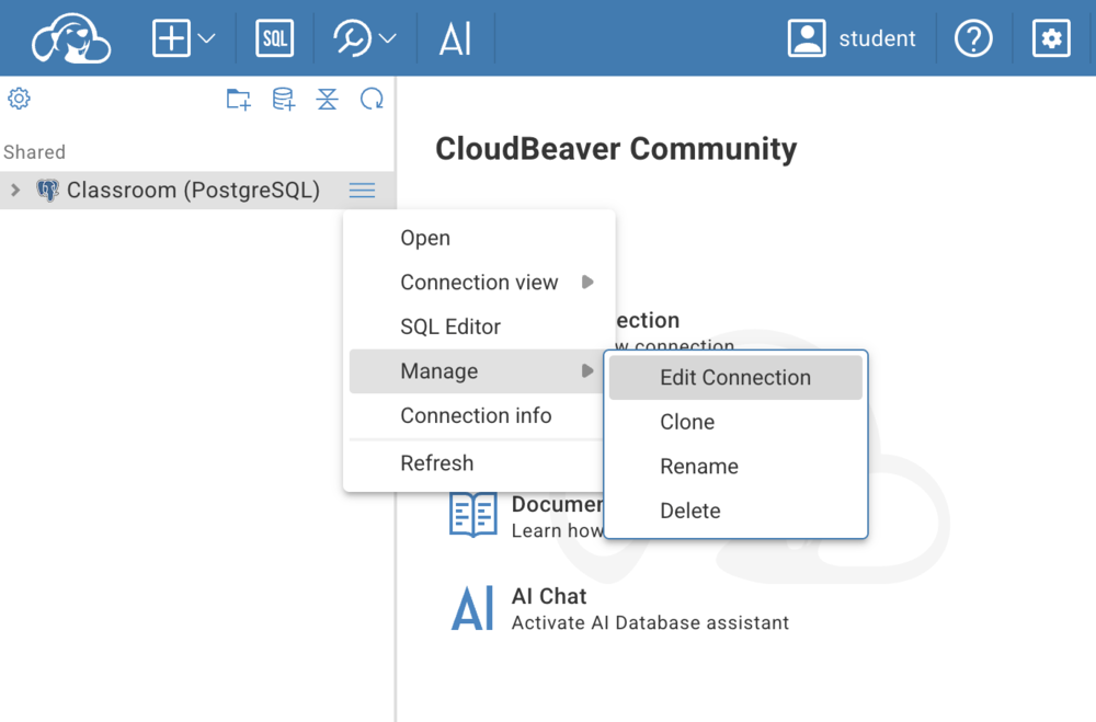 The connection menu, Manage, Edit Connection