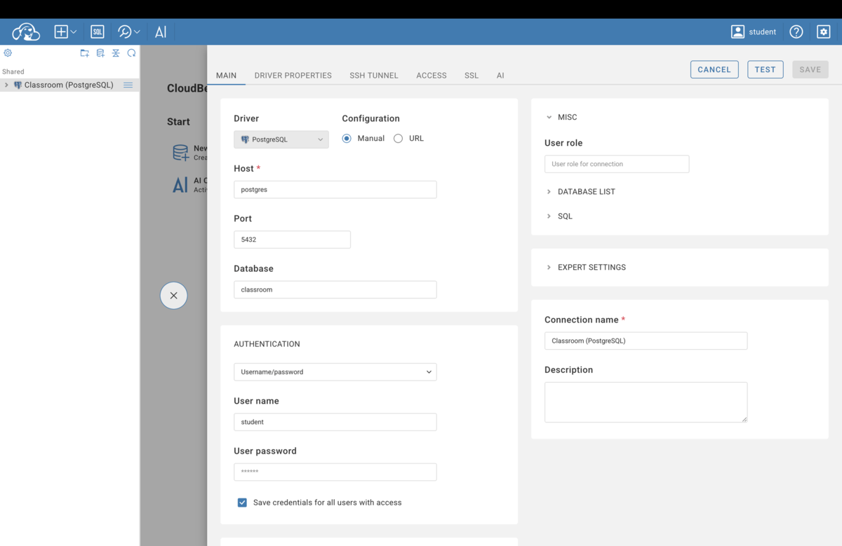 The MAIN tab of the connection: host postgres, port 5432, database classroom, user student, Save credentials ticked