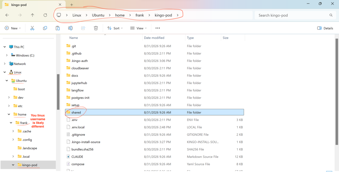 File Explorer at Linux → Ubuntu → home → frank → kingo-pod, with the shared folder highlighted