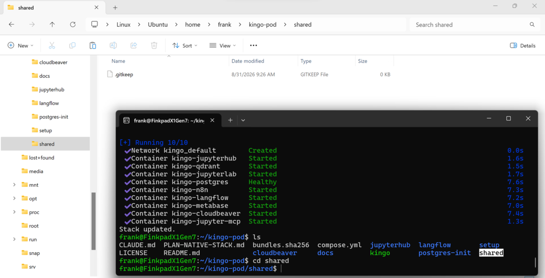 The shared folder open in Explorer, next to an Ubuntu terminal in the same folder